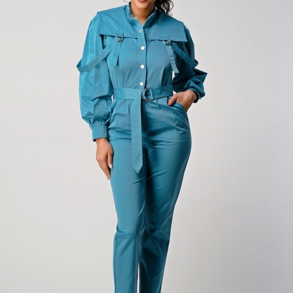 Teal Blue Belted Utility Jumpsuit - Picture 1 of 12